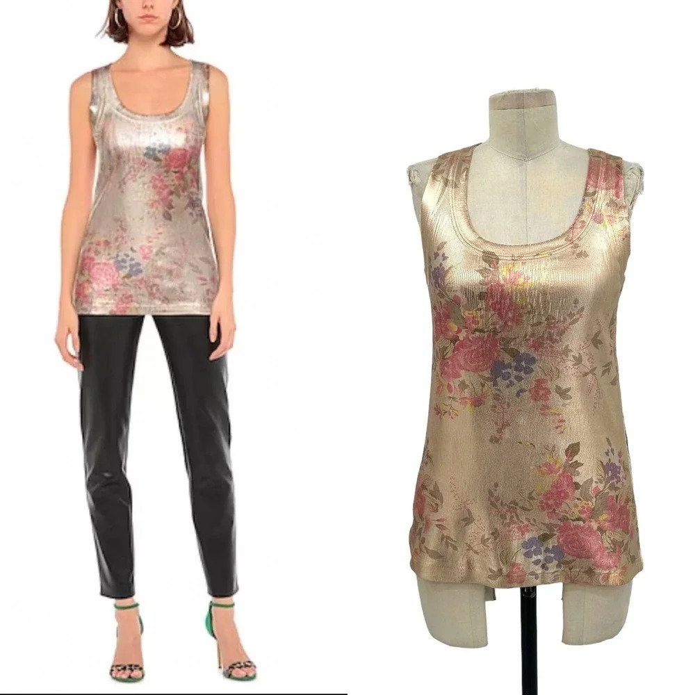 MY TWIN TWINSET Rose Gold Floral‎ Print Ribbed Tank Top Size Large